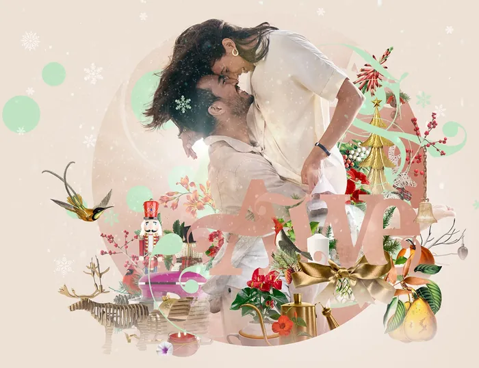 Romantic couple embrace with flowers and decorative elements by Patrick Boyer