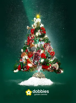 Christmas tree with lights and decorations in Dobbies campaign by Patrick Boyer