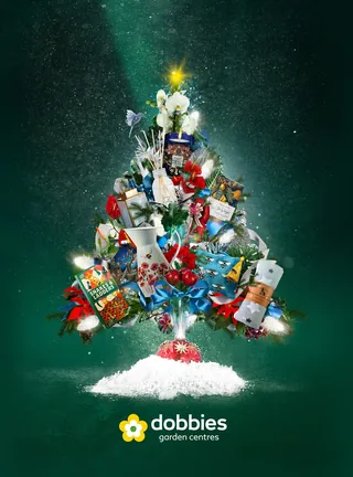 Christmas tree made of garden products and holiday items by Patrick Boyer