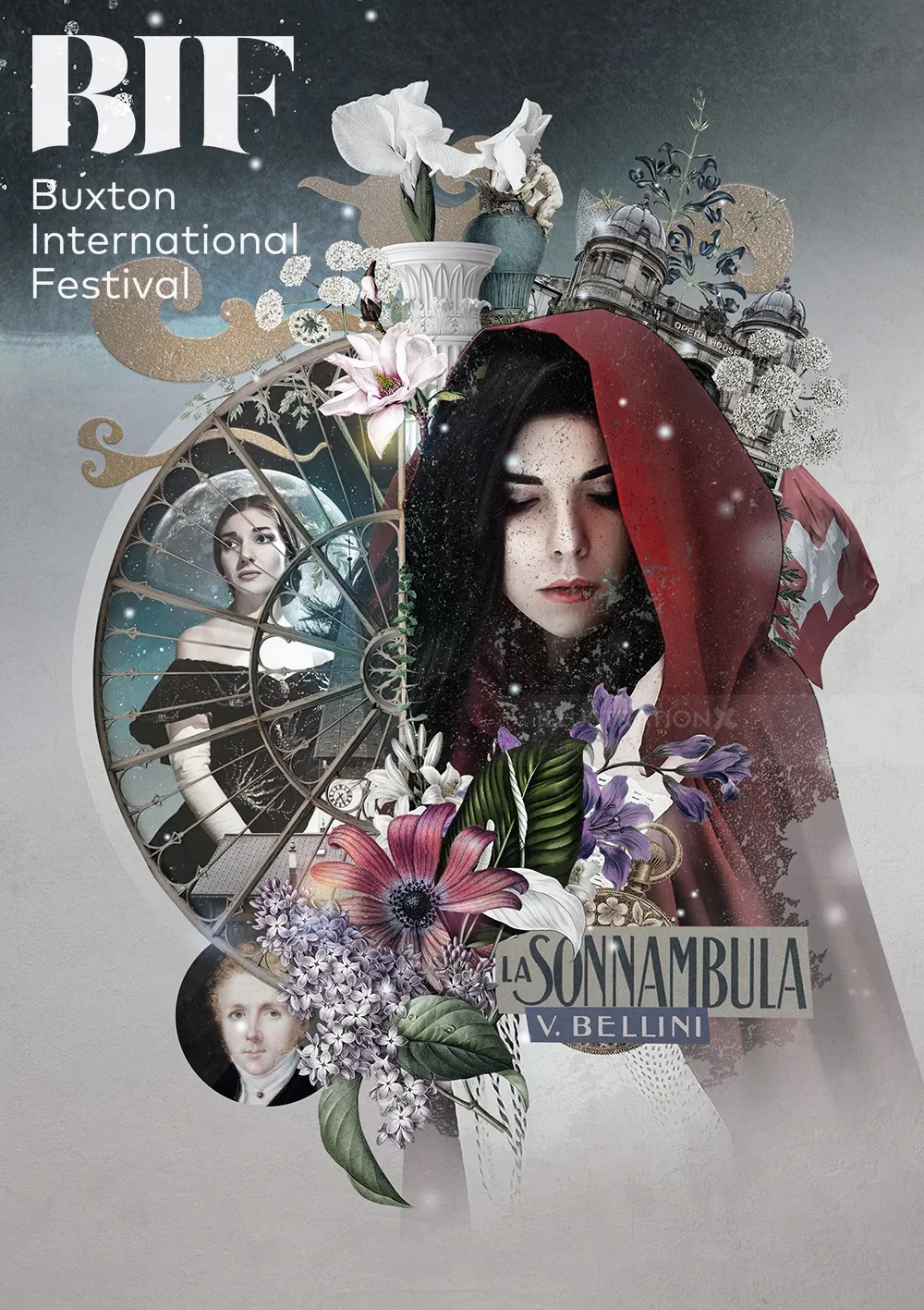Affiche du Festival international de Buxton avec motifs floraux et portraits par Patrick Boyer