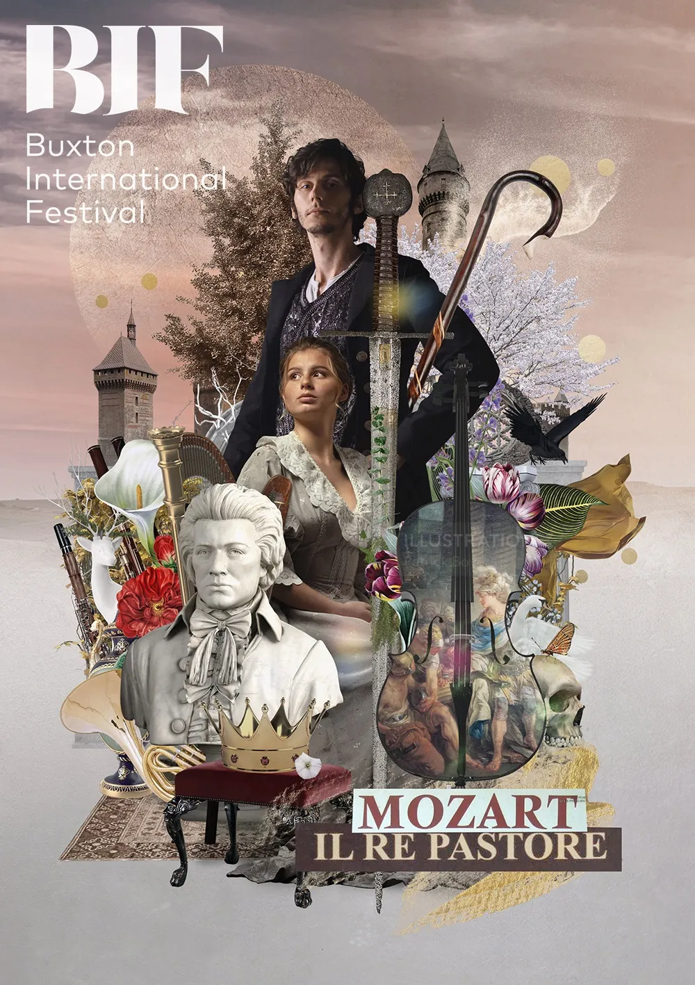 Cartel del festival de Mozart con instrumentos y figuras musicales de Patrick Boyer