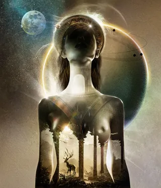 Surreal female silhouette with cosmic elements, planets and deer inside, by Patrick Boyer