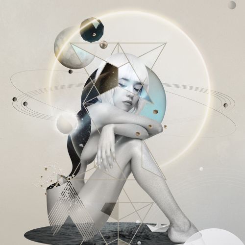 Surreal portrait of a seated woman with geometric shapes and planetary orbits by Patrick Boyer
