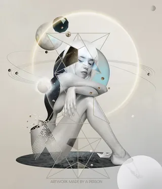 Digital artwork of a seated woman surrounded by geometric shapes by Patrick Boyer