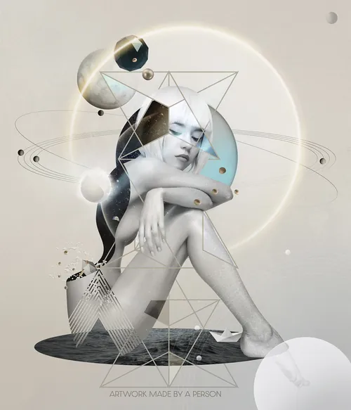 Digitales Kunstwerk einer sitzenden Frau, umgeben von geometrischen Formen, von Patrick Boyer