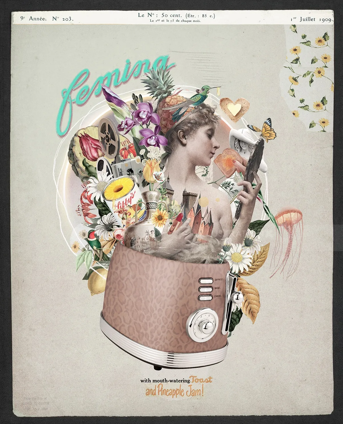 Collage surréaliste d'une femme et de fleurs dans un grille-pain par Patrick Boyer