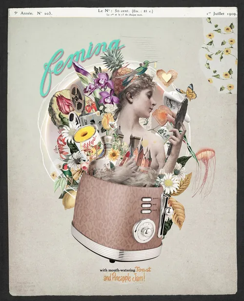 Surreale Collage einer Frau und Blumen in einem Toaster von Patrick Boyer