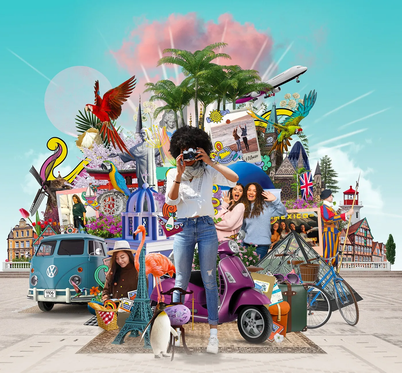 Travel collage with landmarks and vehicles by Patrick Boyer