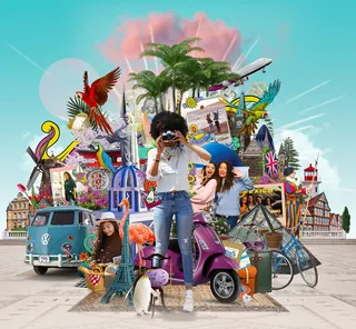 Travel collage with landmarks and vehicles by Patrick Boyer