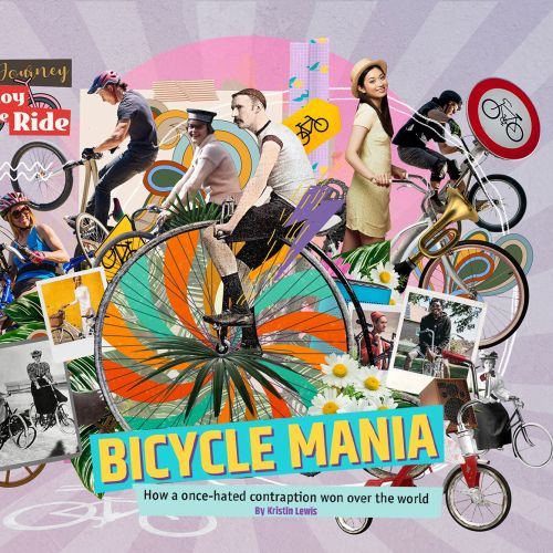 Colorful bicycle-themed artwork by Patrick Boyer showing various cyclists and bikes