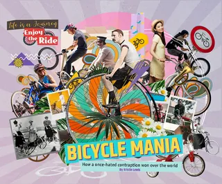 Colorful bicycle-themed artwork by Patrick Boyer showing various cyclists and bikes