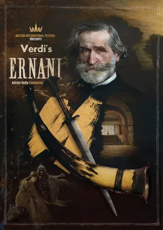 Opera poster for Verdi's Ernani featuring a man with a horn, artwork by Patrick Boyer