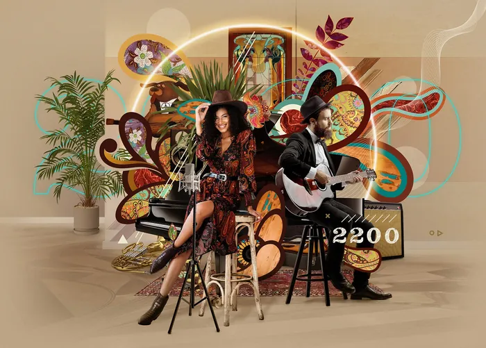 Musical duo performing with guitar and microphone surrounded by retro art by Patrick Boyer