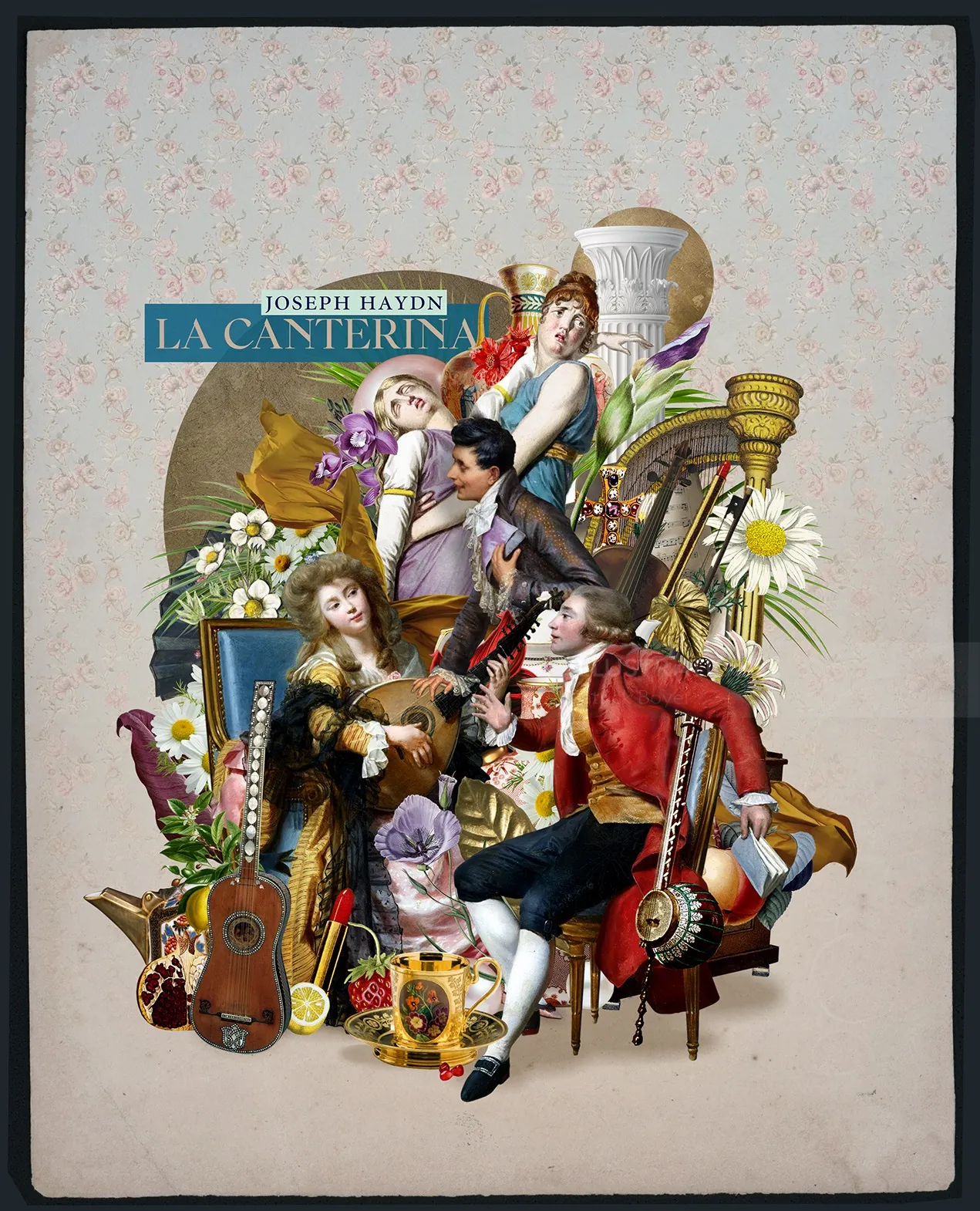 Illustration de musiciens classiques jouant des instruments avec des éléments floraux