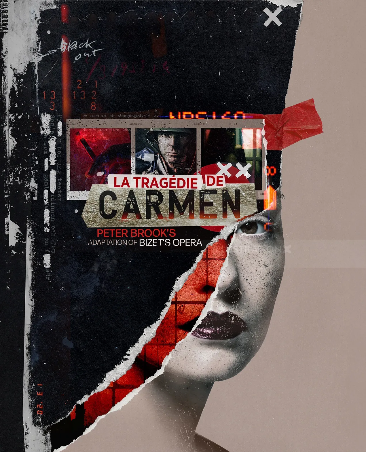 Collage abstrait d'un visage de femme et d'images d'opéra pour Carmen
