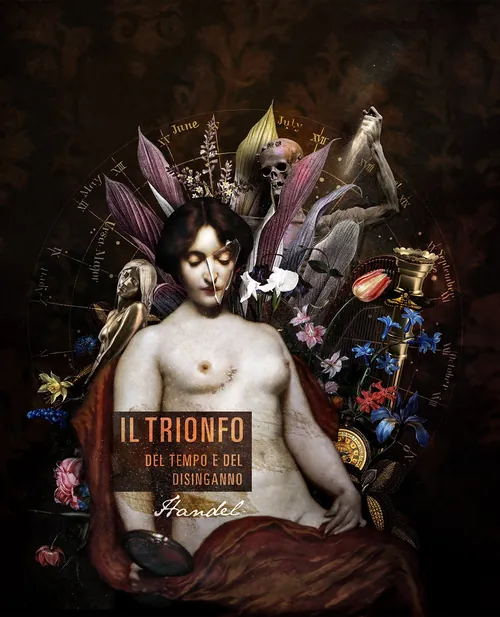Kunstwerk im Barockstil mit einer Frau, einem Skelett und Musikinstrumenten