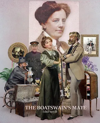 Victorian-era group portrait with a large woman’s face in the background