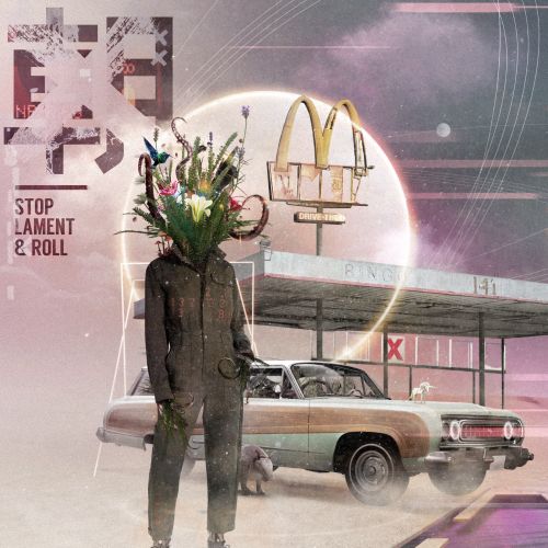 Person with flowers for a head standing near vintage car by McDonald's