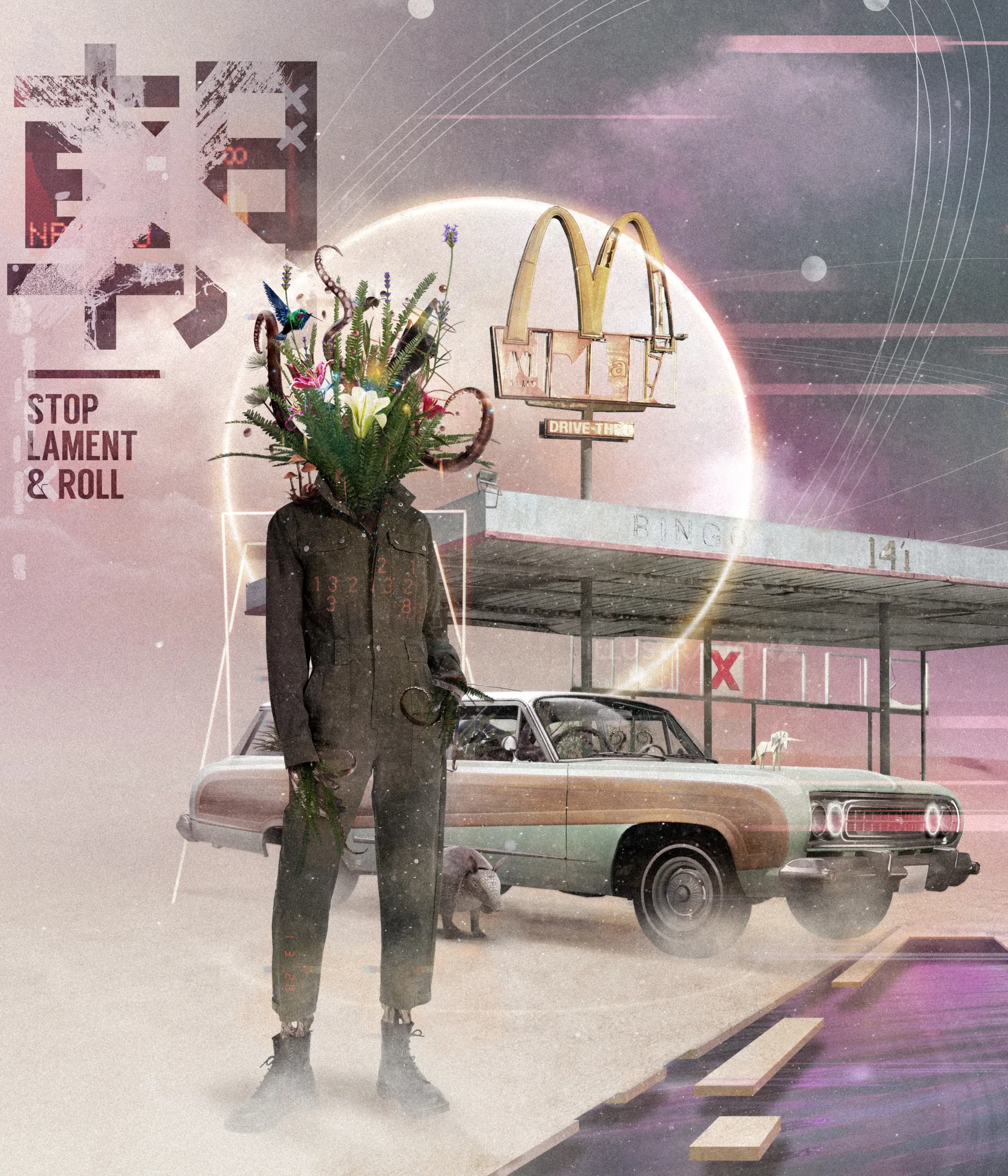 Person with flowers for a head standing near vintage car by McDonald's