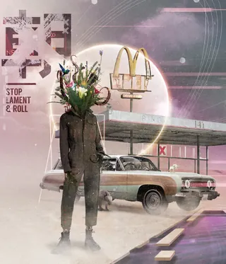 Person with flowers for a head standing near vintage car by McDonald's