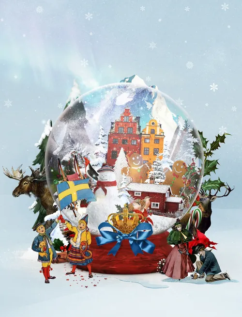 Winterszene mit Schneekugel, skandinavischen Häusern, Figuren und Tieren