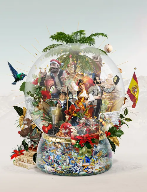 Schneekugel mit Weihnachtsmotiven, kulturellen Figuren und Dekorationen