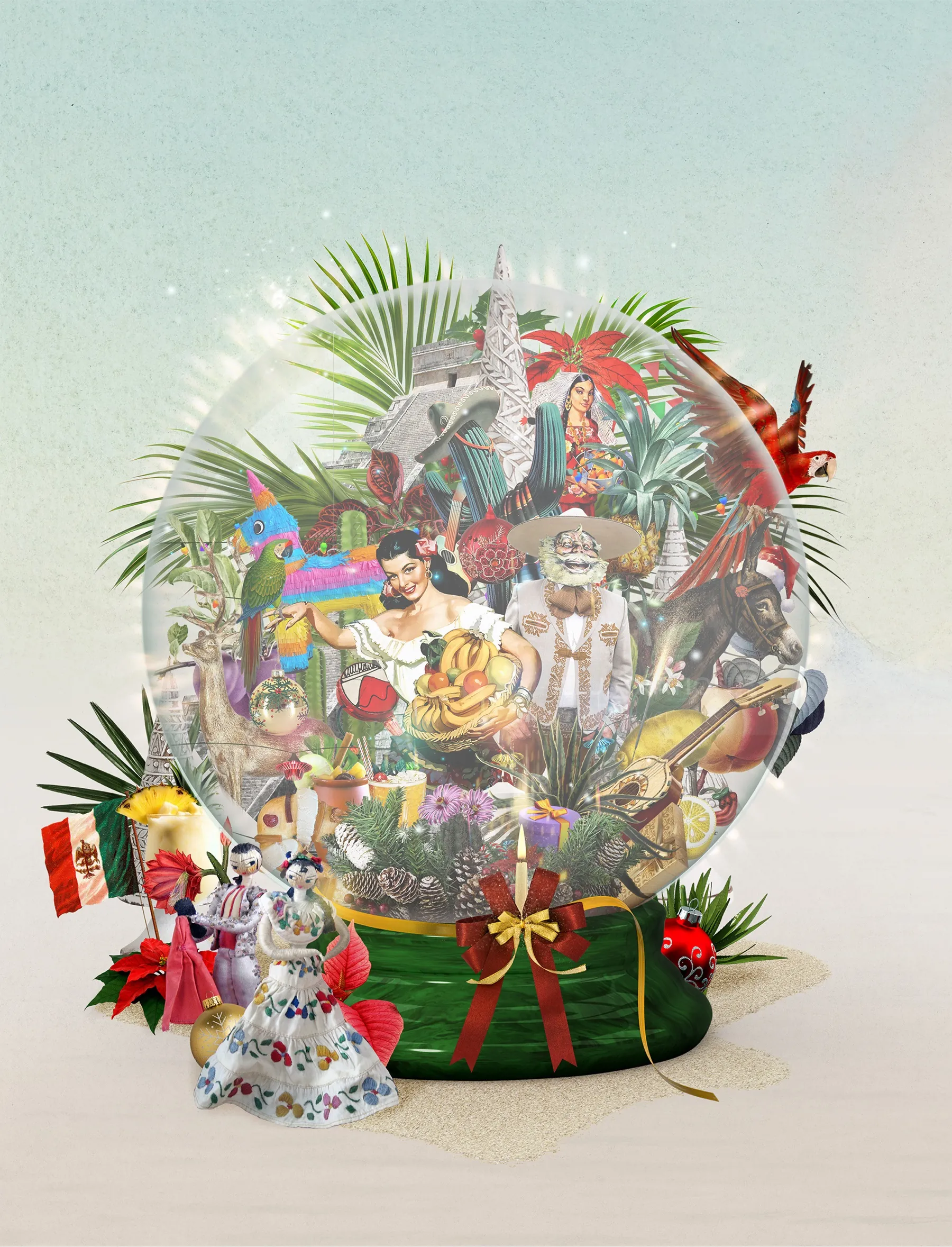 Globo natalino festivo com decorações culturais e elementos mexicanos