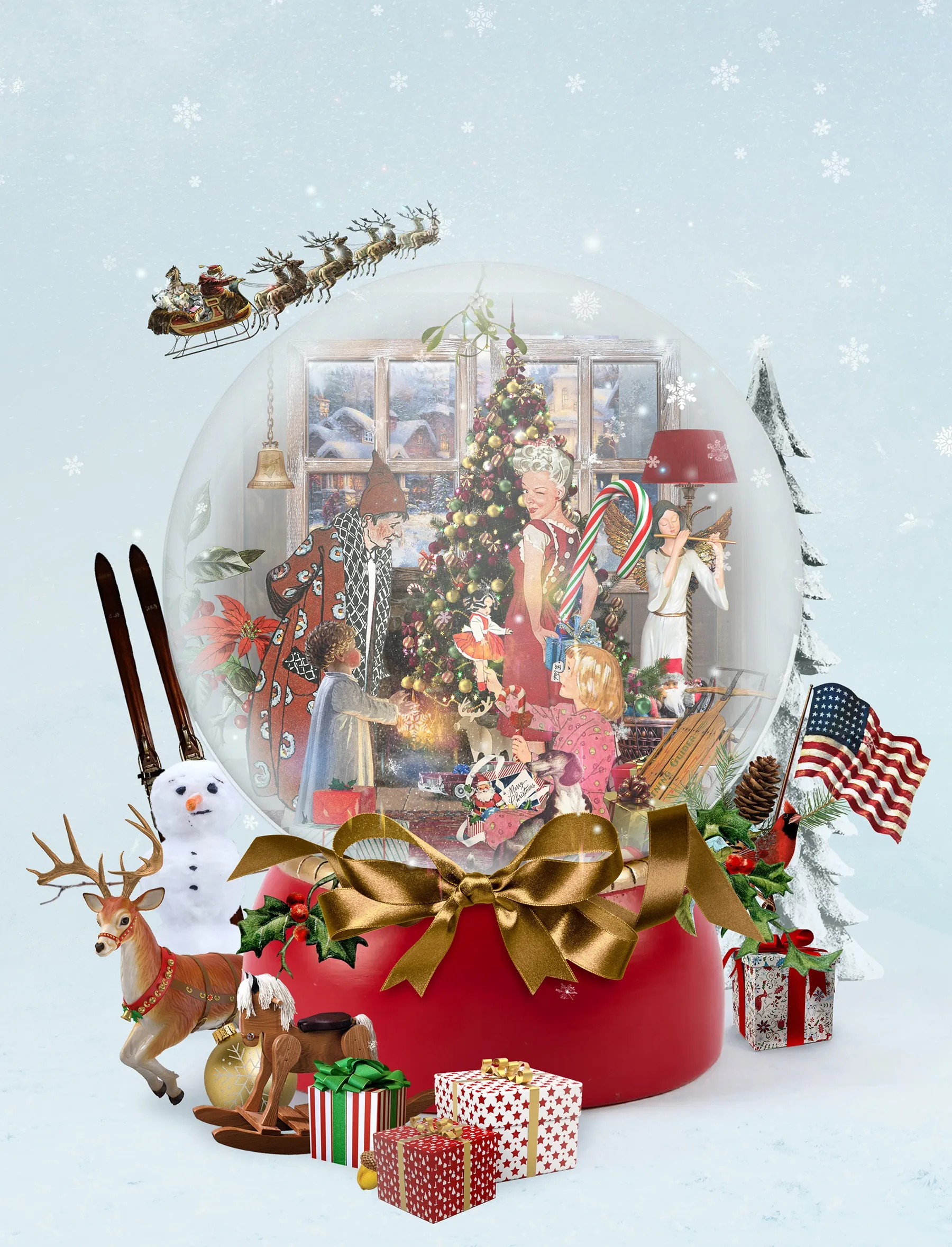 Festliche Weihnachtsschneekugel mit geschmücktem Baum und Geschenken