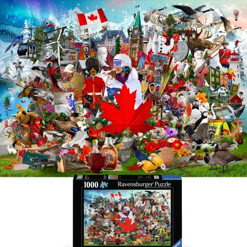 Colorful Canada themed Ravensburger puzzle with maple leaf and landmarks