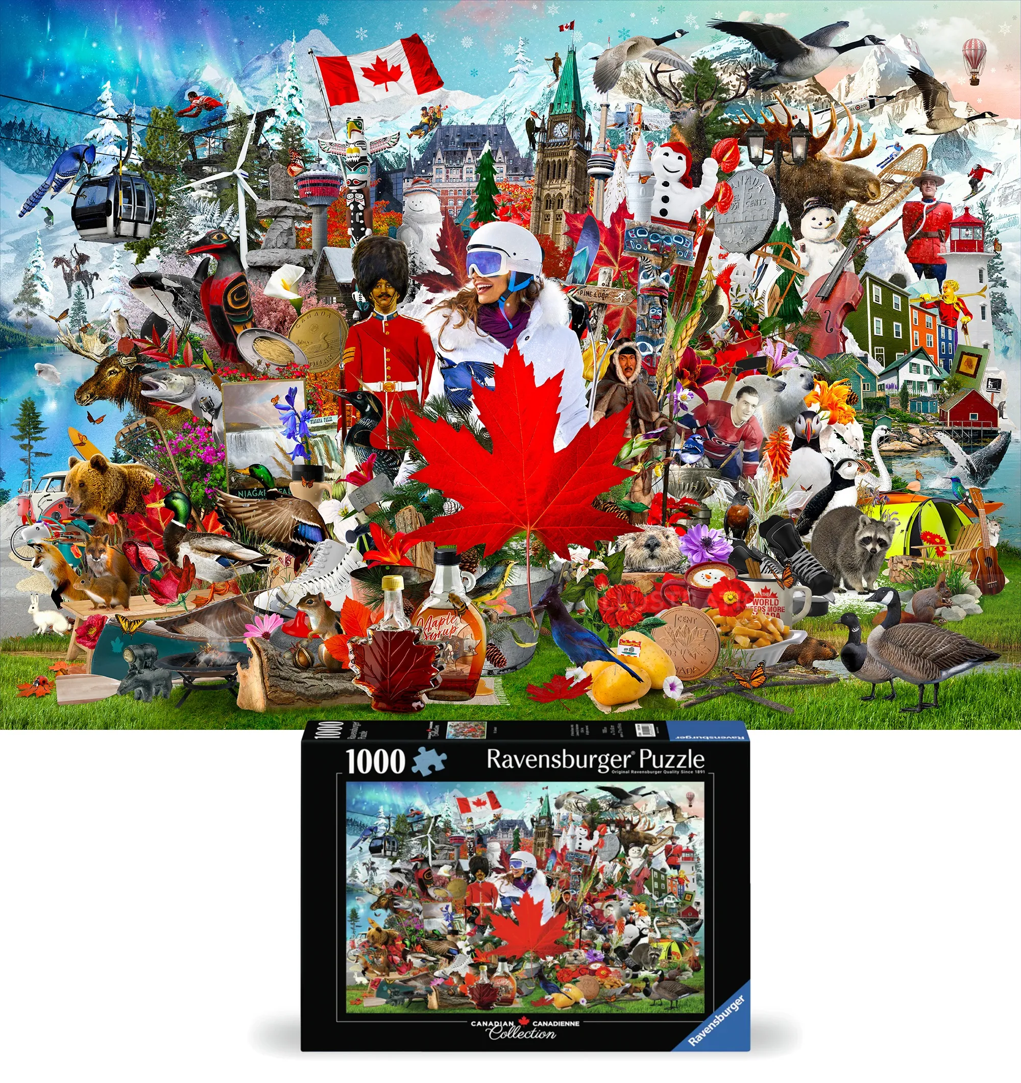 Colorful Canada themed Ravensburger puzzle with maple leaf and landmarks