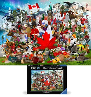 Colorful Canada themed Ravensburger puzzle with maple leaf and landmarks