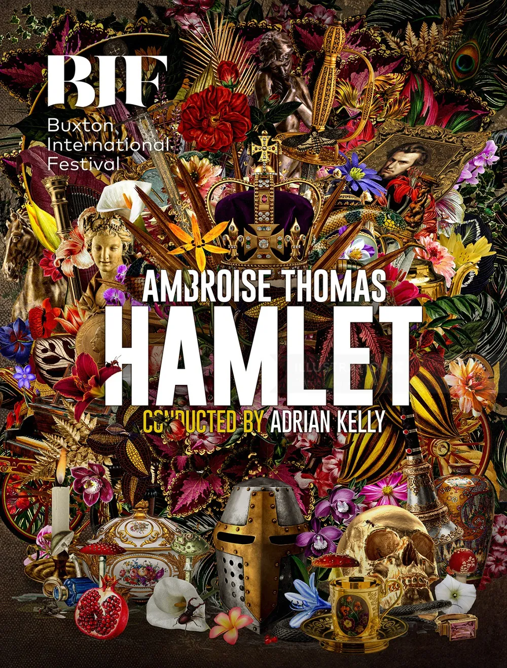 Collage colorido de la obra promocional de la ópera Hamlet con calavera y corona.
