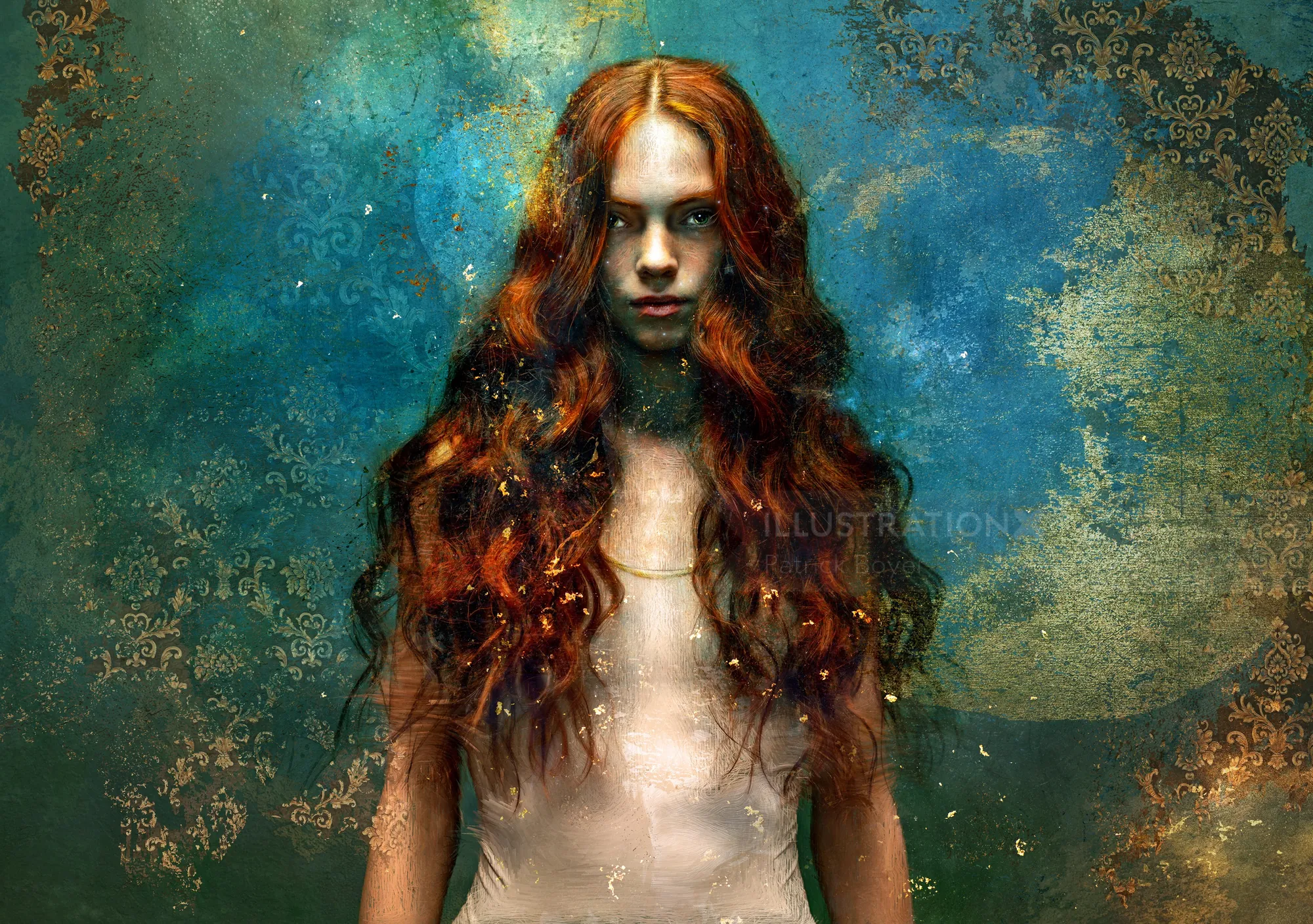 Portrait of a woman with long red hair against textured background