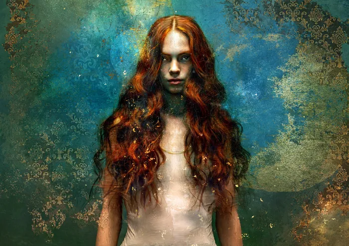 Portrait of a woman with long red hair against textured background
