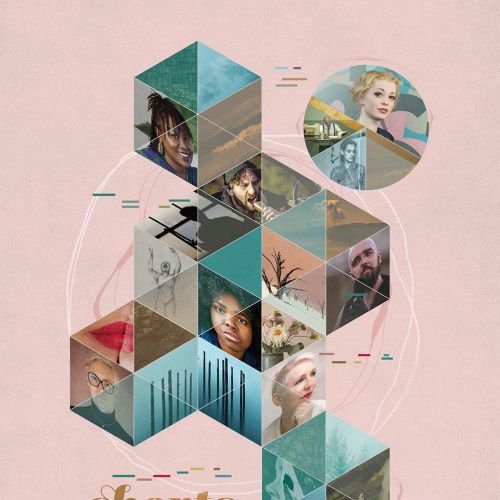 Geometric collage of diverse faces and scenes in hexagonal shapes