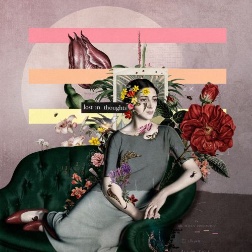 Woman sitting on green couch surrounded by flowers and colorful shapes
