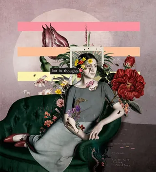 Woman sitting on green couch surrounded by flowers and colorful shapes