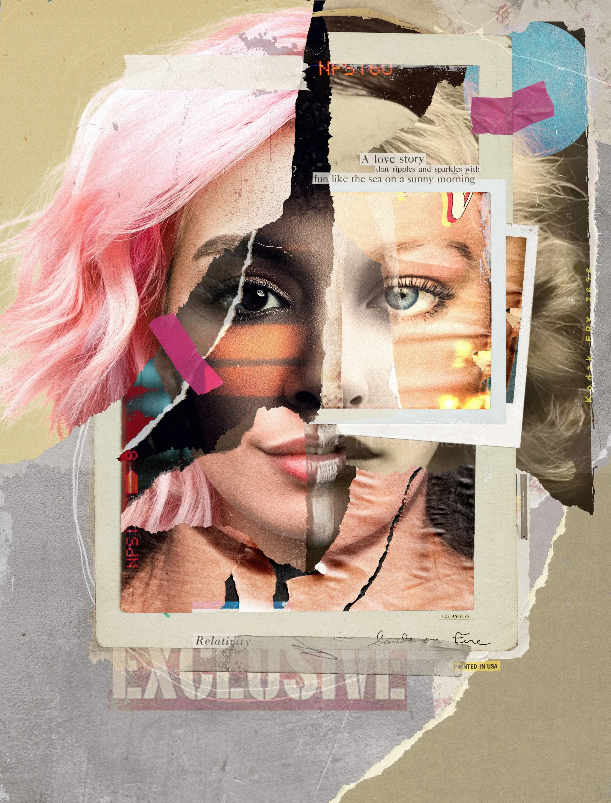 Collage aus fragmentierten Frauengesichtern mit rosa Haaren und verschiedenen Medienschichten
