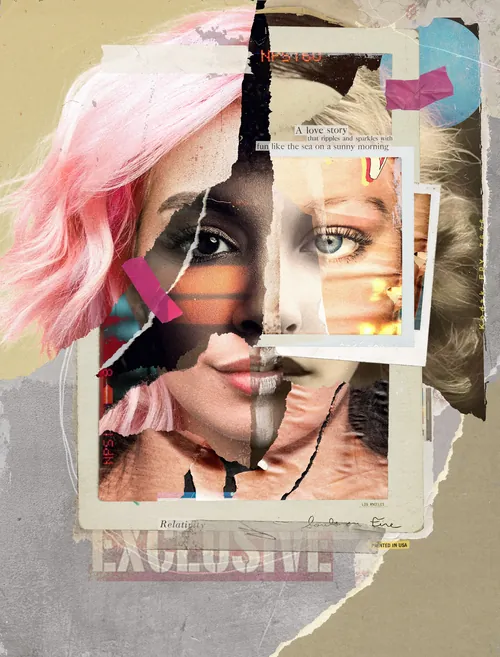Collage aus fragmentierten Frauengesichtern mit rosa Haaren und verschiedenen Medienschichten