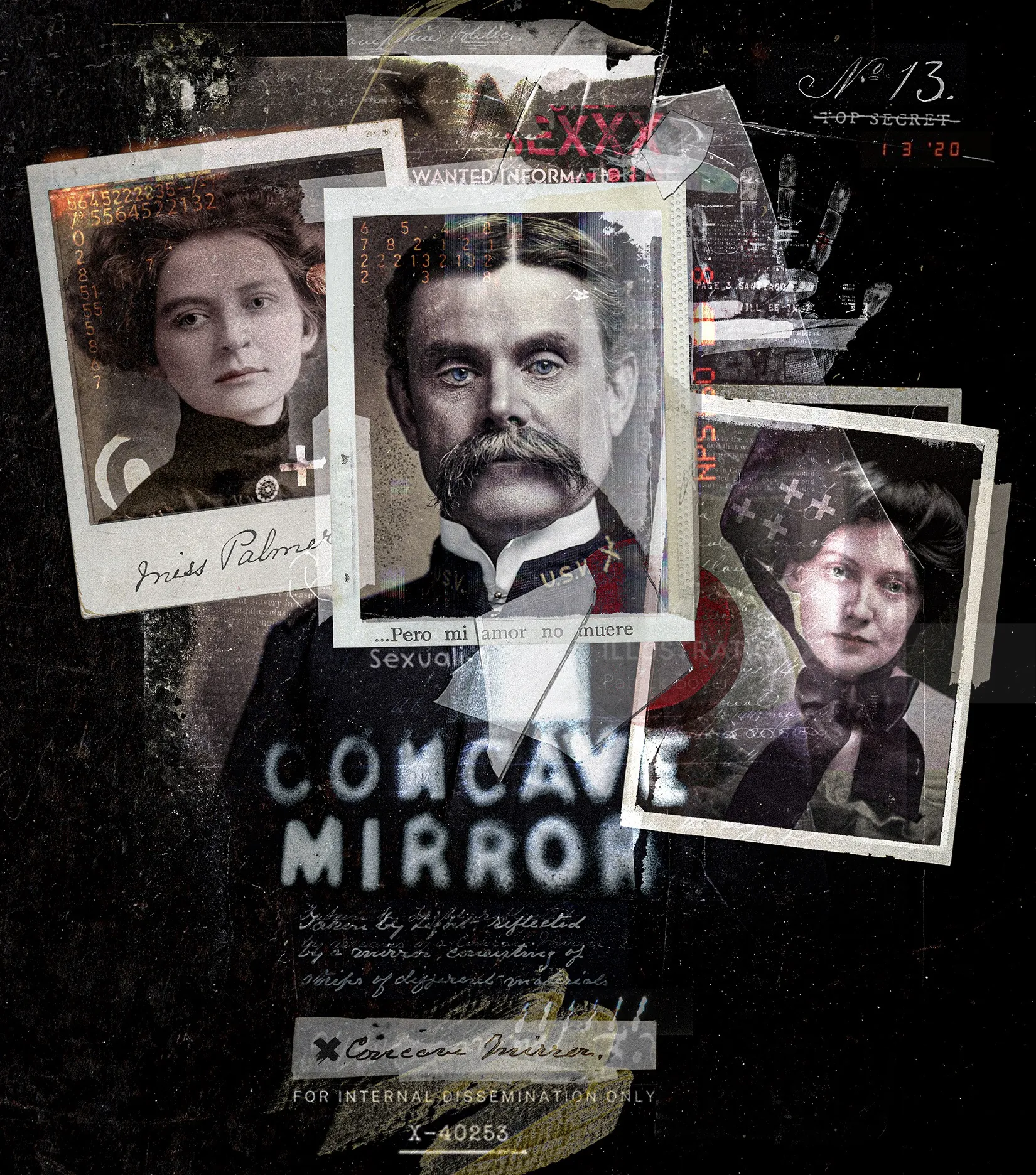 Vintage styled collage with three black and white portraits and text