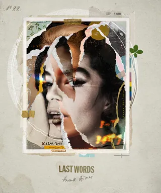 Collage of torn paper revealing sections of a woman's face