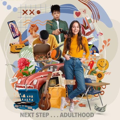 Teens surrounded by symbols of adulthood and technology, standing confidently