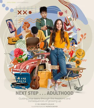 Teens surrounded by symbols of adulthood and technology, standing confidently