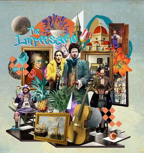 Farbenfrohe Collage mit Musikern, Opernelementen und Vintage-Objekten