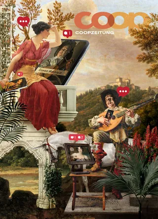 Classical scene with woman and man, social media icons added