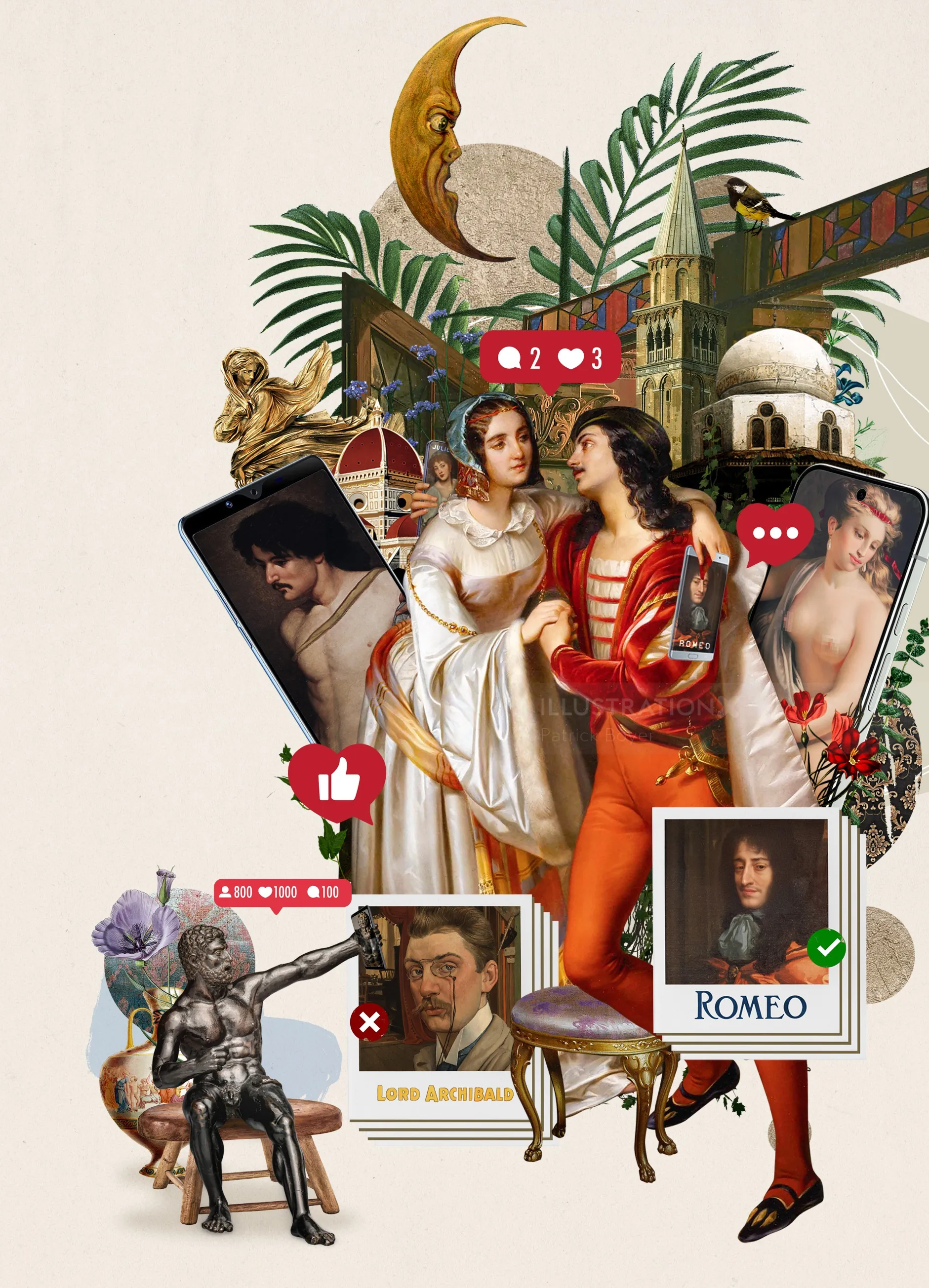 Classical romantic figures with social media elements in collage