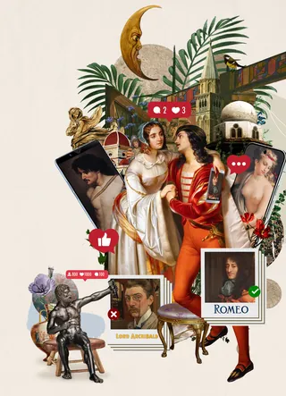 Classical romantic figures with social media elements in collage