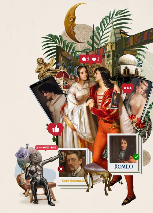 Klassische romantische Figuren mit Social-Media-Elementen in einer Collage