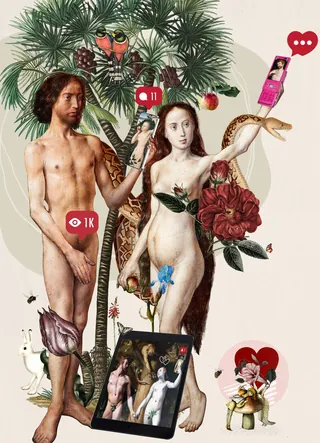 Adam and Eve standing with social media icons and snake in tree