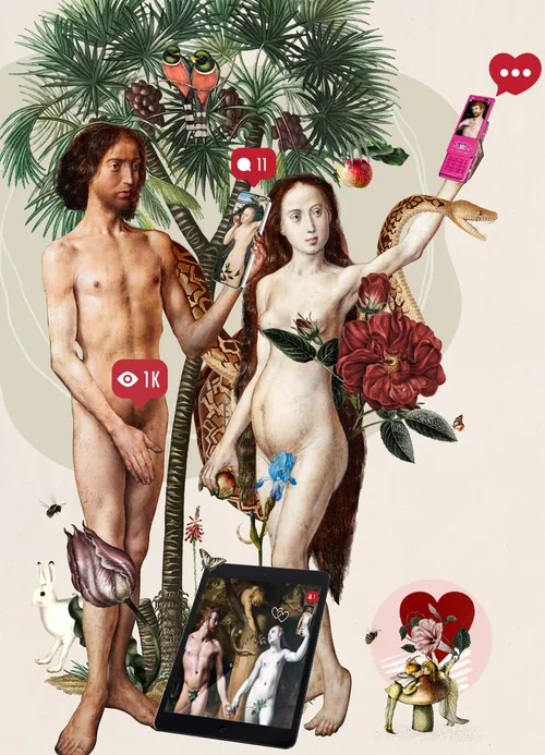 Adam und Eva stehen mit Social-Media-Symbolen und einer Schlange im Baum.